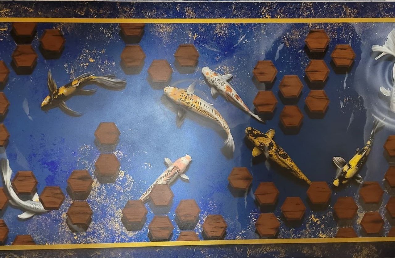 Airbrushed Painting of Koi Fish on Blue Background Zoomed in